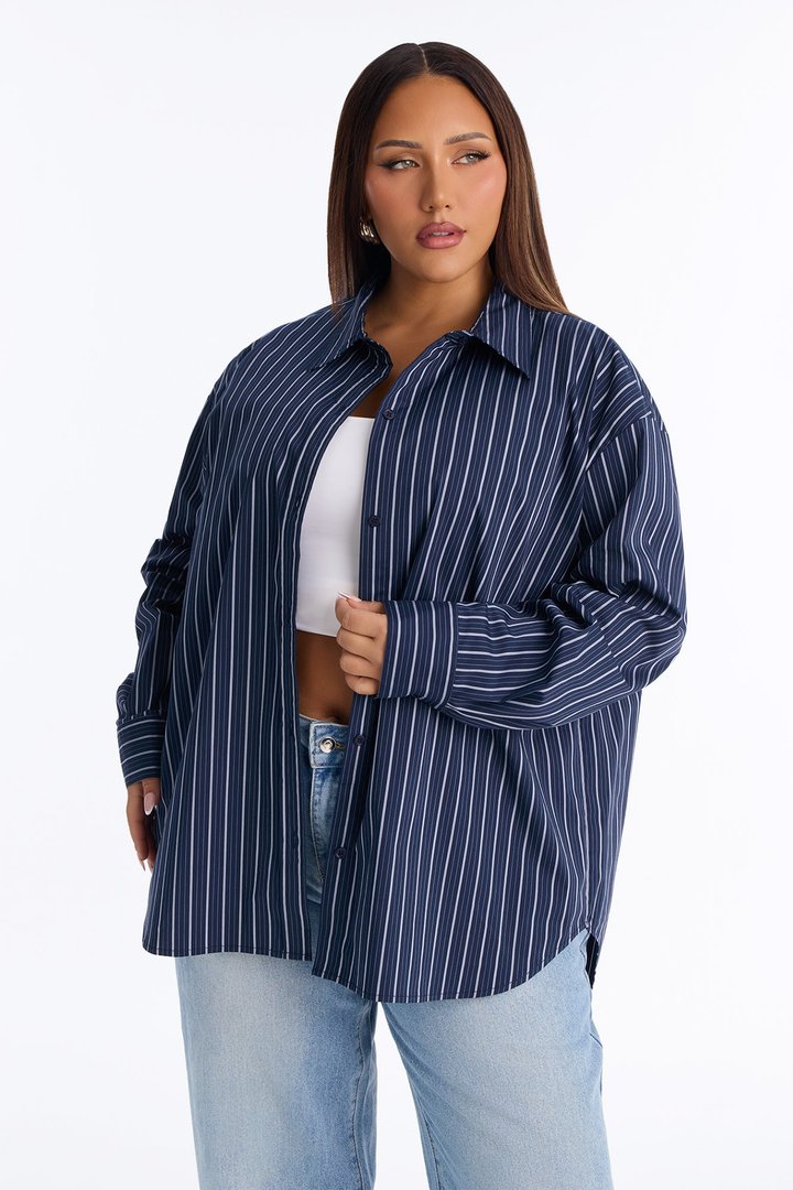 Alia Oversized Striped Button Up Shirt - Navy/combo
