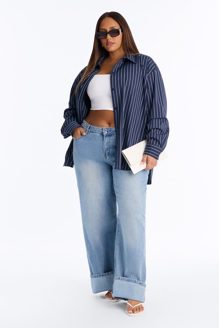 Alia Oversized Striped Button Up Shirt - Navy/combo