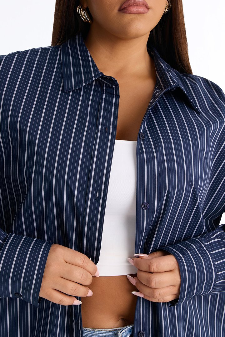 Alia Oversized Striped Button Up Shirt - Navy/combo
