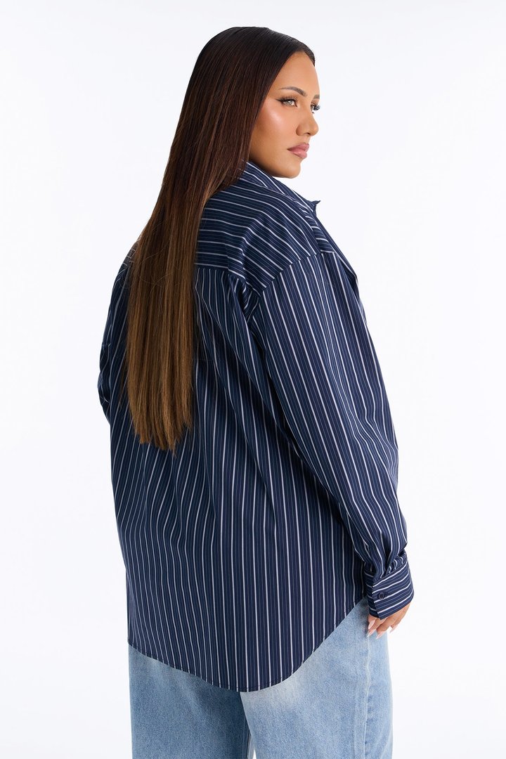 Alia Oversized Striped Button Up Shirt - Navy/combo
