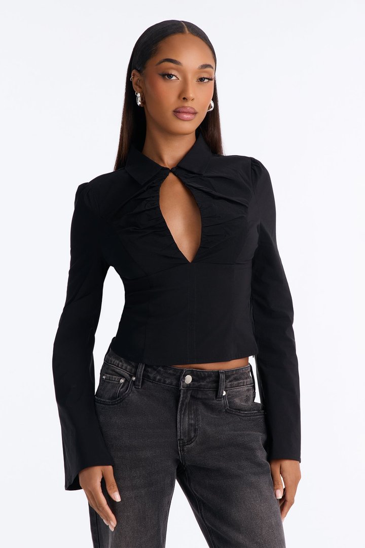 Mindy Long Sleeve Keyhole Blouse - Black