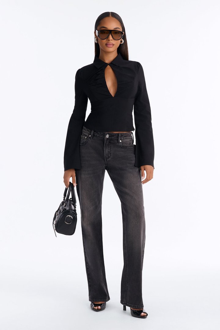 Mindy Long Sleeve Keyhole Blouse - Black