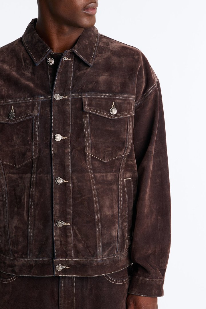 Oversized Studio Flocked Denim Trucker Jacket - Dark Brown