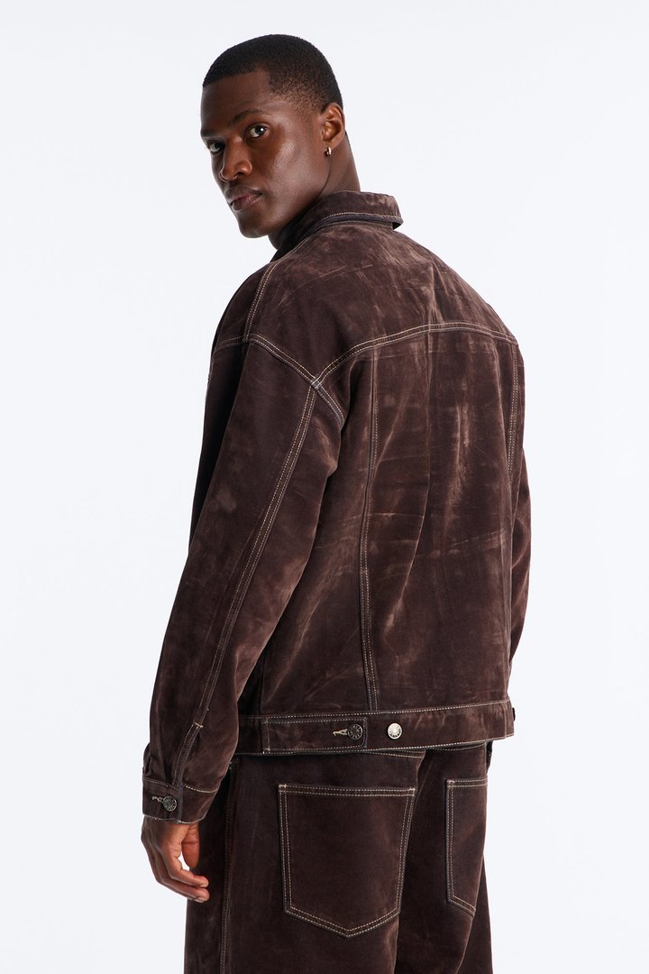 Oversized Studio Flocked Denim Trucker Jacket - Dark Brown