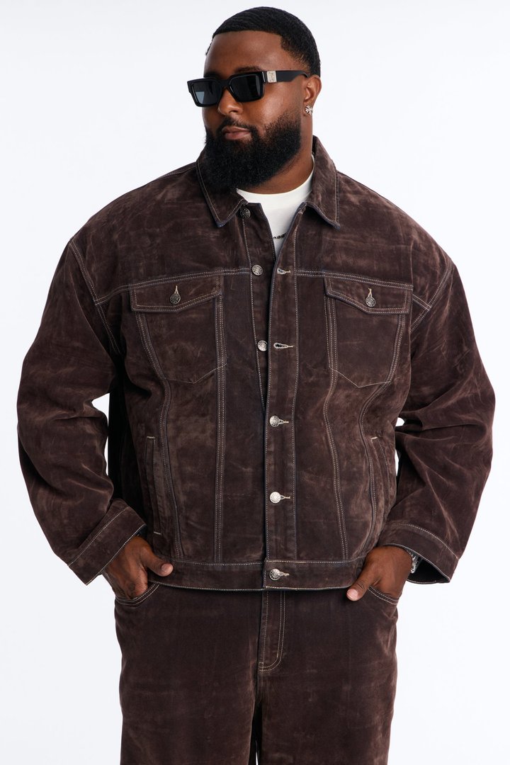 Oversized Studio Flocked Denim Trucker Jacket - Dark Brown