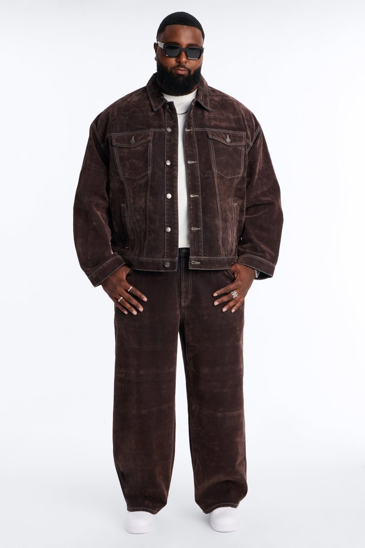 Oversized Studio Flocked Denim Trucker Jacket - Dark Brown