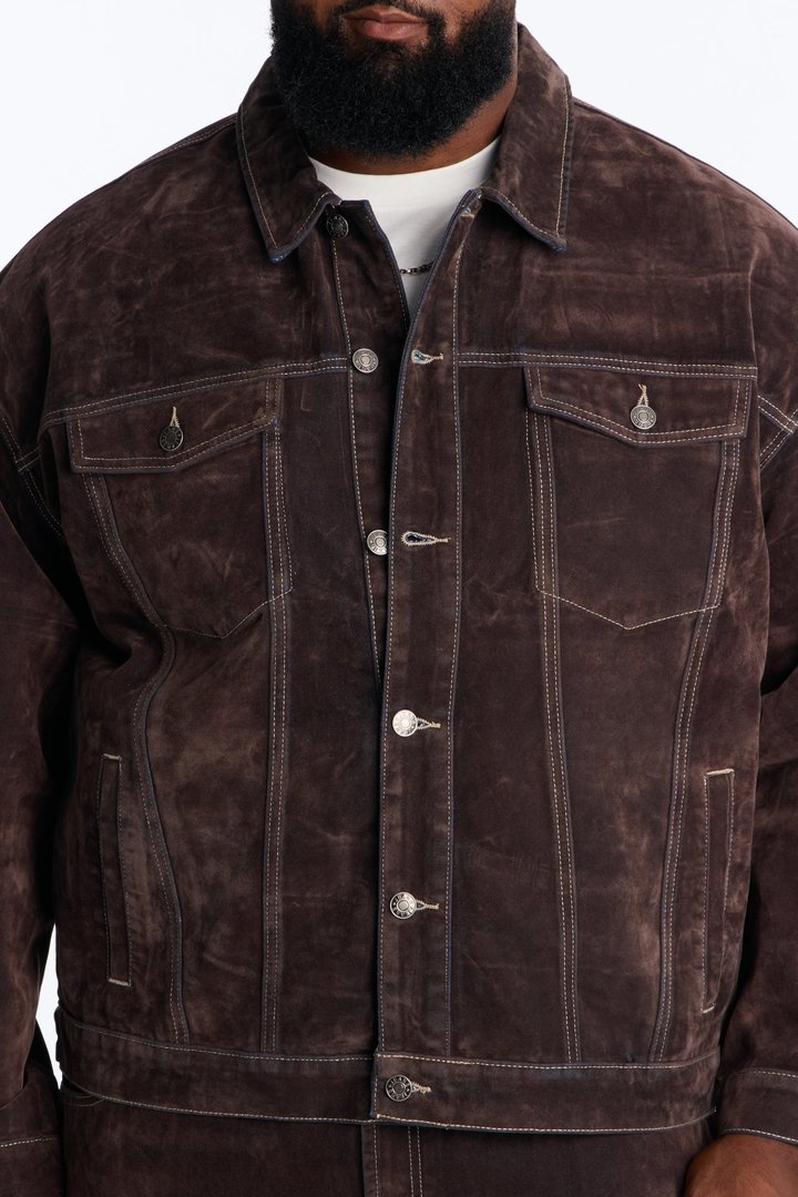 Oversized Studio Flocked Denim Trucker Jacket - Dark Brown