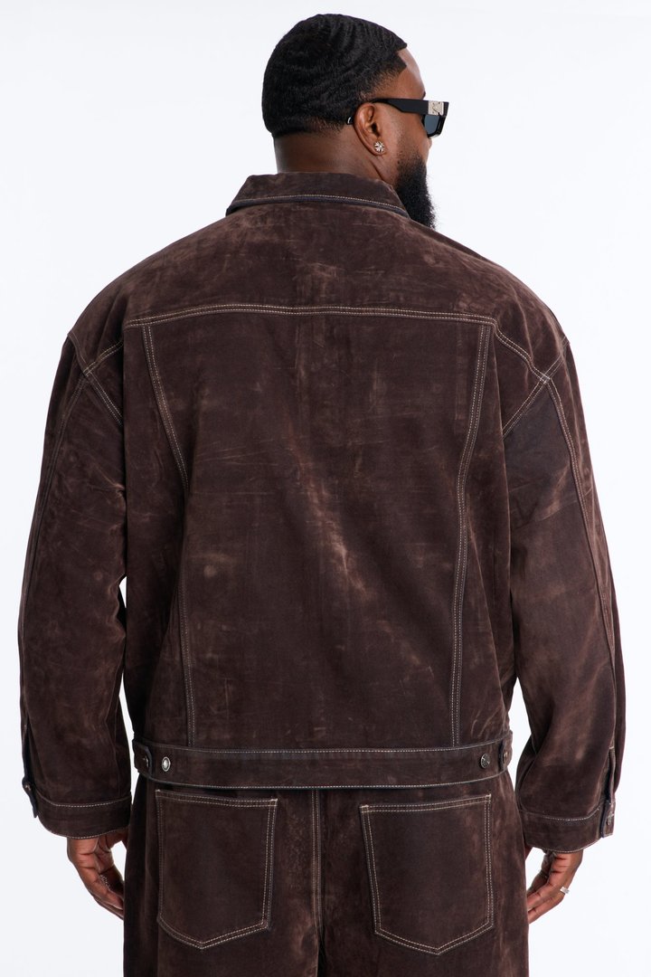 Oversized Studio Flocked Denim Trucker Jacket - Dark Brown