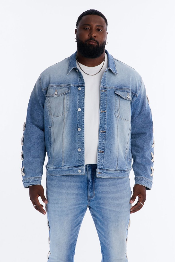 Lace Up Denim Trucker Jacket - Light Blue Wash