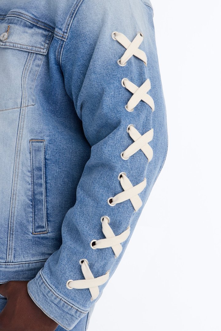 Lace Up Denim Trucker Jacket - Light Blue Wash