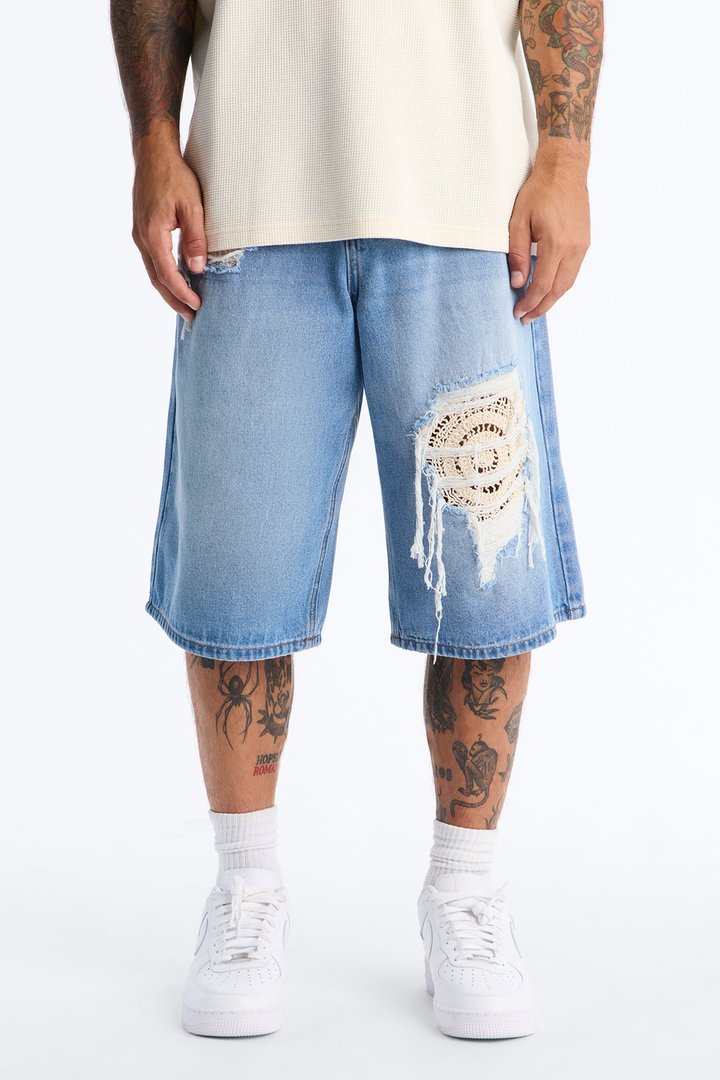 Crochet Cut Baggy Short - Light Blue Wash