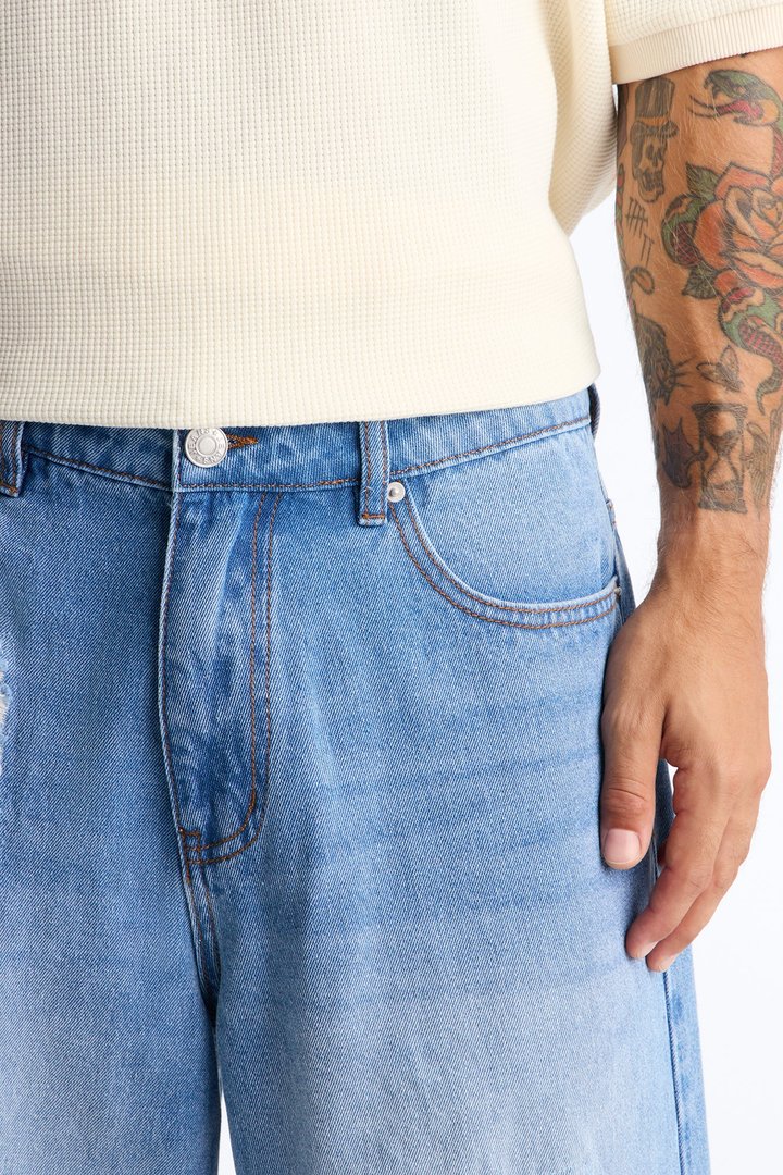 Crochet Cut Baggy Short - Light Blue Wash