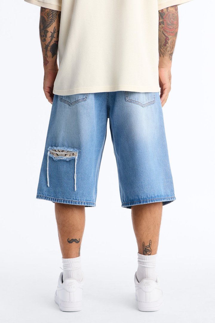 Crochet Cut Baggy Short - Light Blue Wash