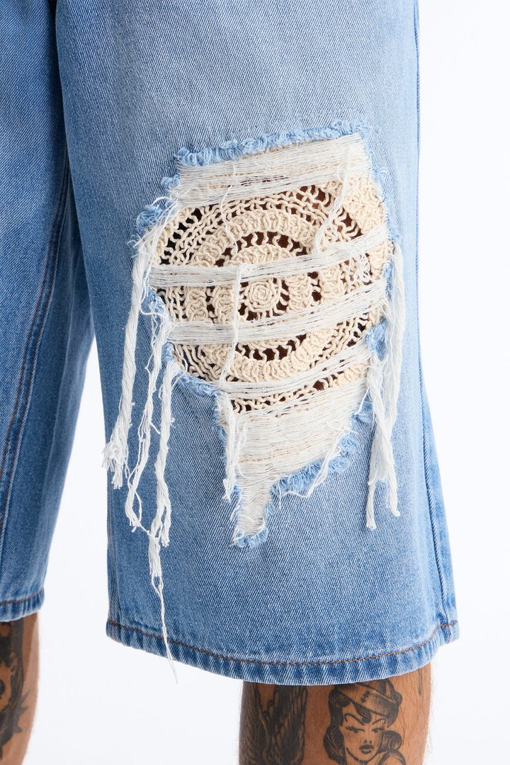 Crochet Cut Baggy Short - Light Blue Wash
