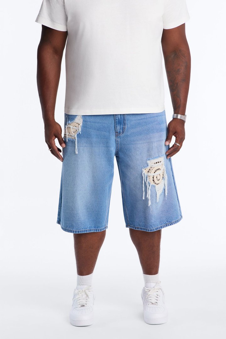 Crochet Cut Baggy Short - Light Blue Wash