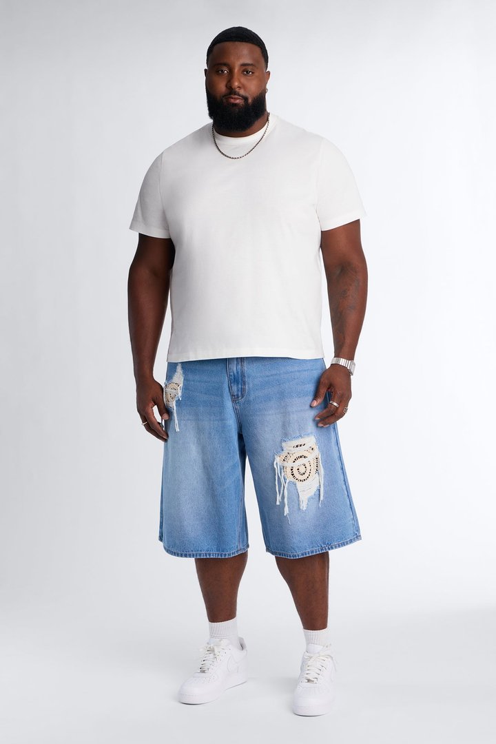Crochet Cut Baggy Short - Light Blue Wash