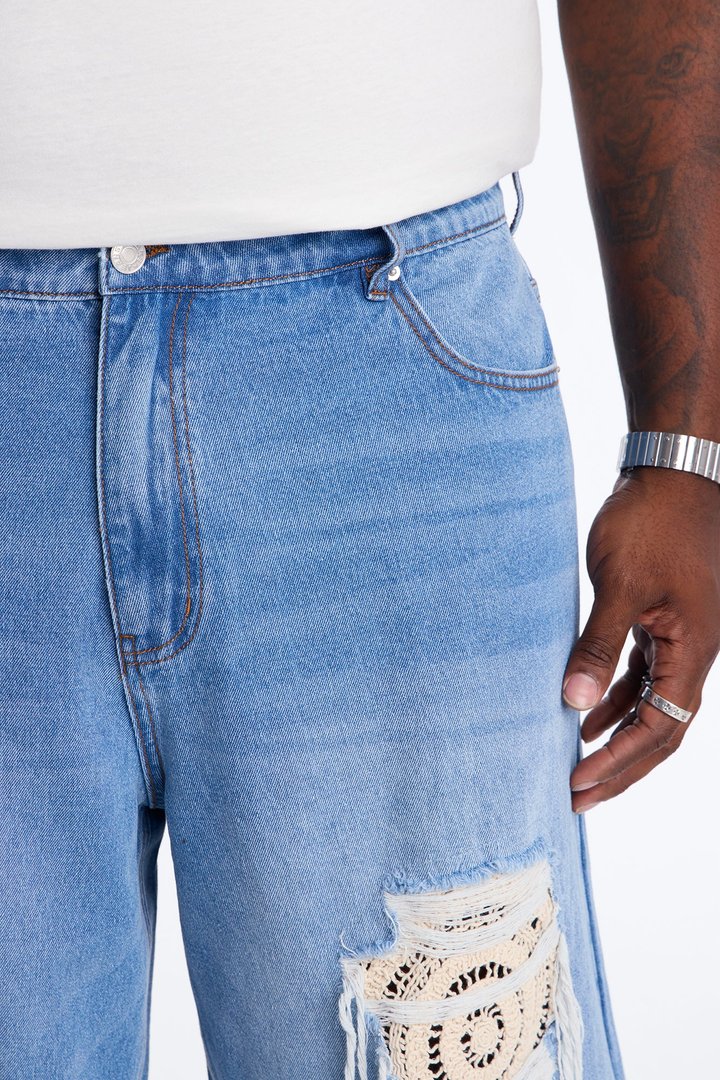 Crochet Cut Baggy Short - Light Blue Wash