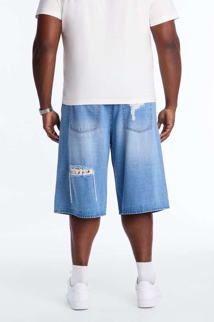 Crochet Cut Baggy Short - Light Blue Wash