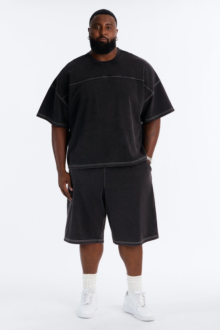 Kai Washed Contrast Stitch Baggy Sweatshort - Black