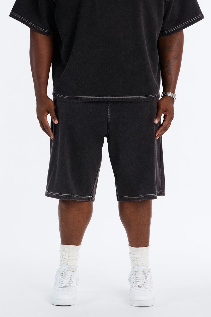 Kai Washed Contrast Stitch Baggy Sweatshort - Black