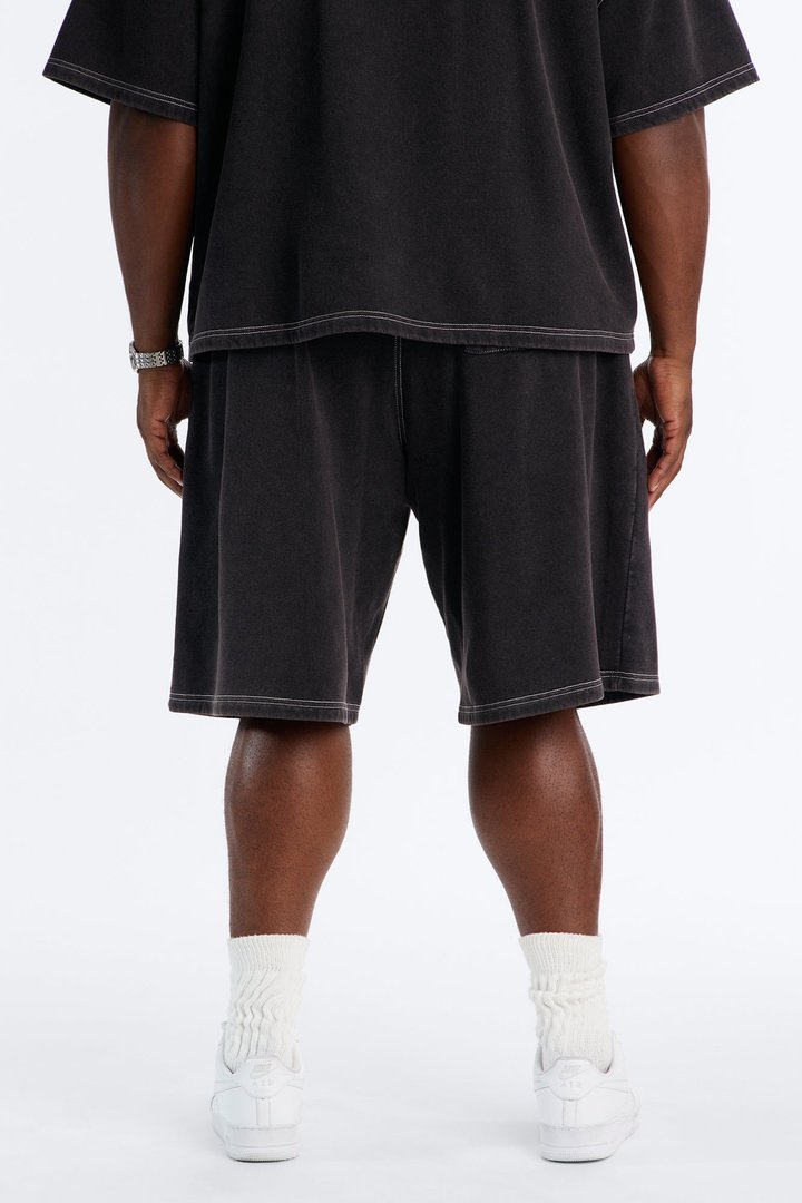 Kai Washed Contrast Stitch Baggy Sweatshort - Black
