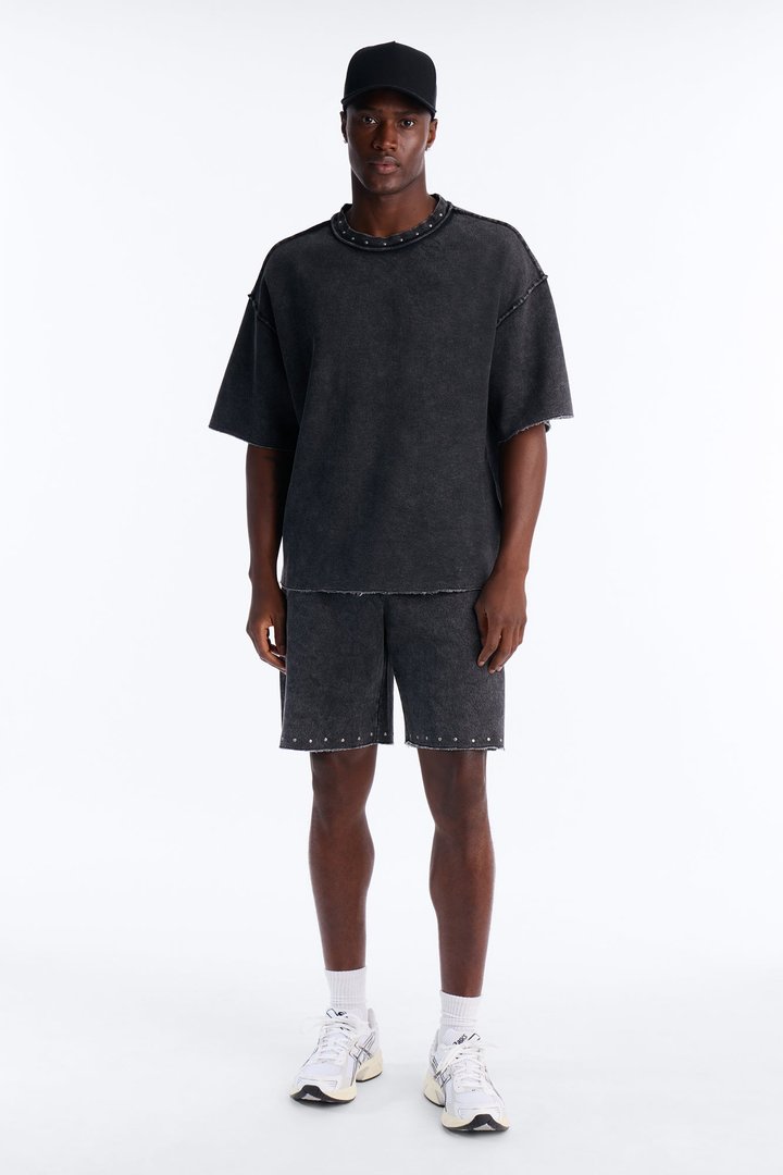 Relaxed Washed Raw Edge Studded Sweatshort - Black