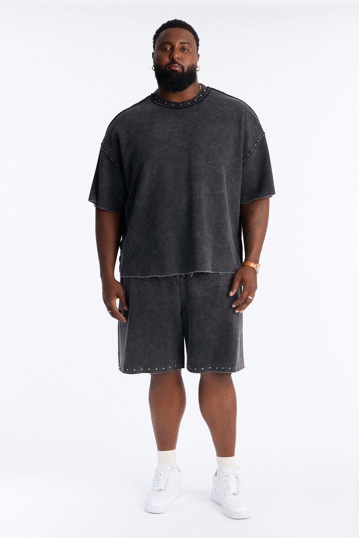 Relaxed Washed Raw Edge Studded Sweatshort - Black