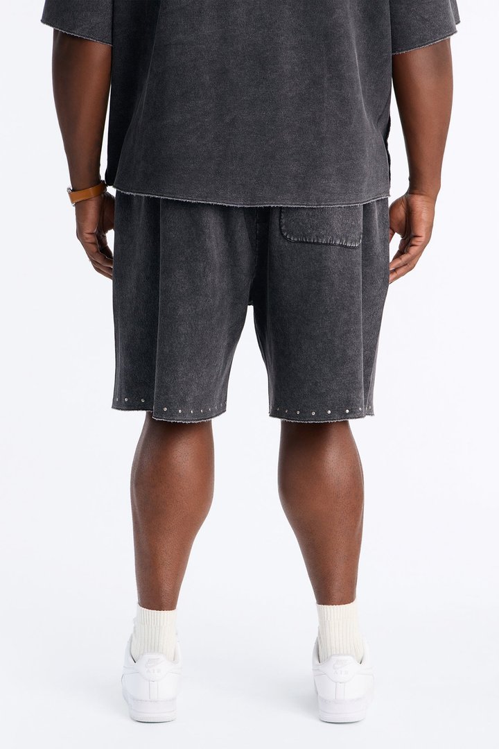 Relaxed Washed Raw Edge Studded Sweatshort - Black