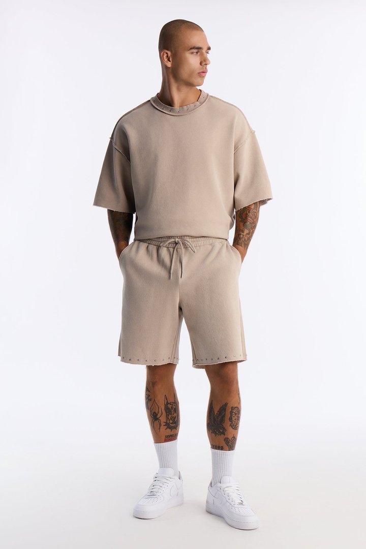 Relaxed Washed Raw Edge Studded Sweatshort - Stone