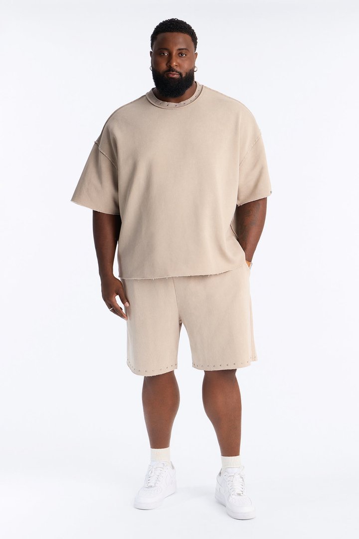 Relaxed Washed Raw Edge Studded Sweatshort - Stone