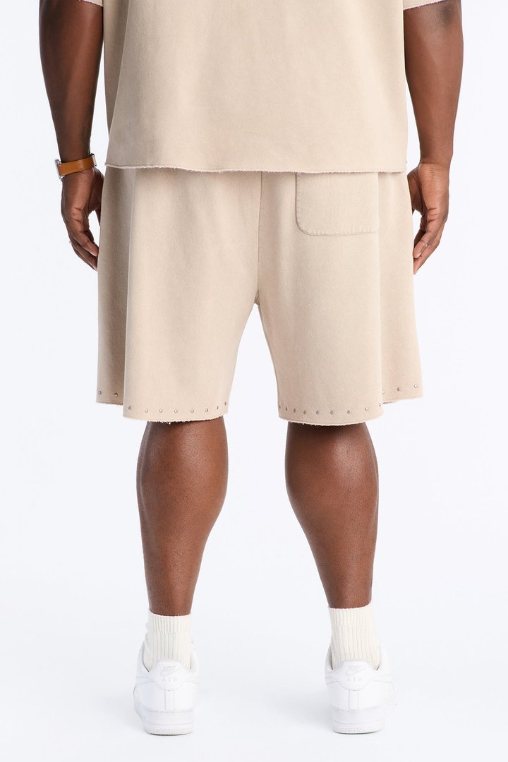 Relaxed Washed Raw Edge Studded Sweatshort - Stone