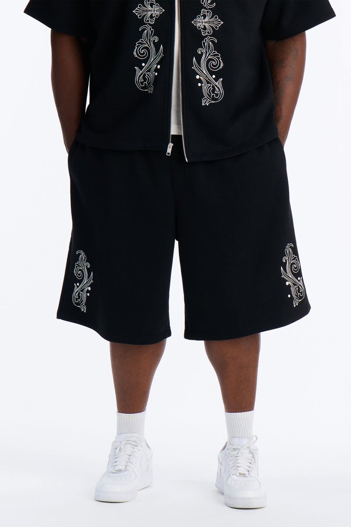 Royalty Pearl Embroidered Baggy Sweatshort - Black