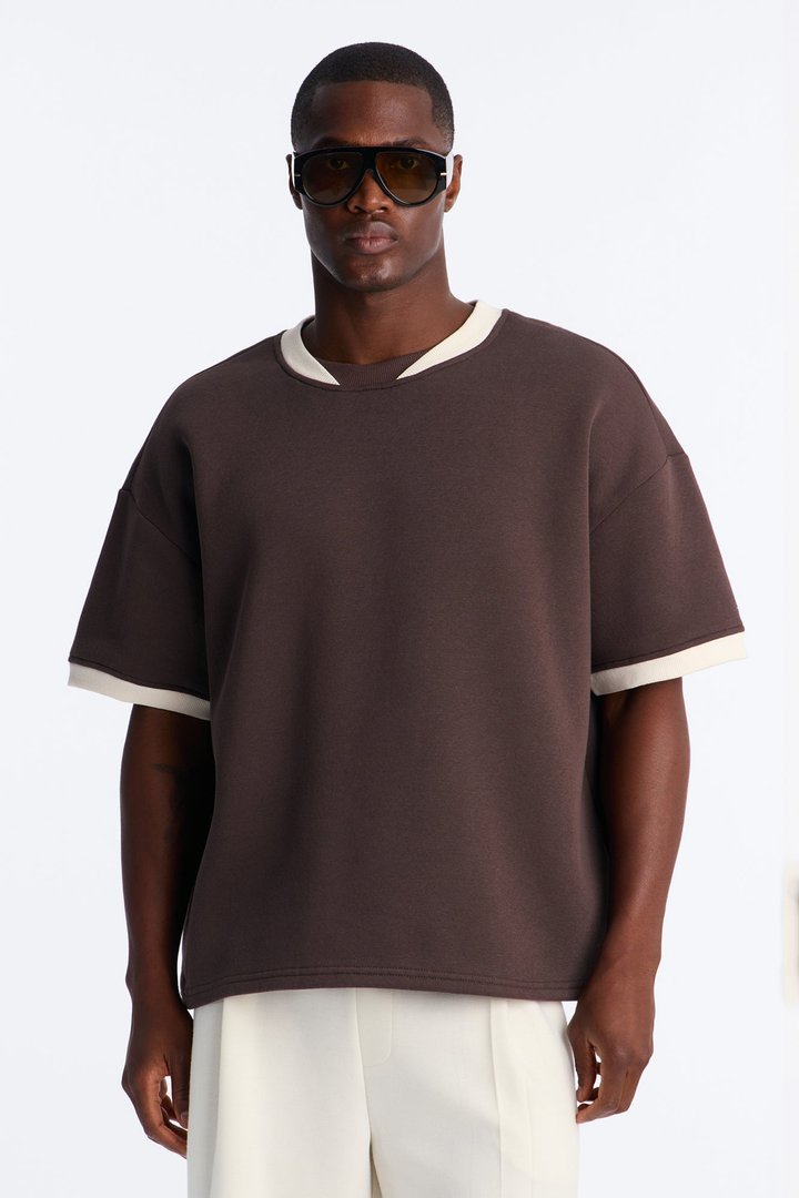 Slater Oversized Fleece Ringer Tee - Brown/combo