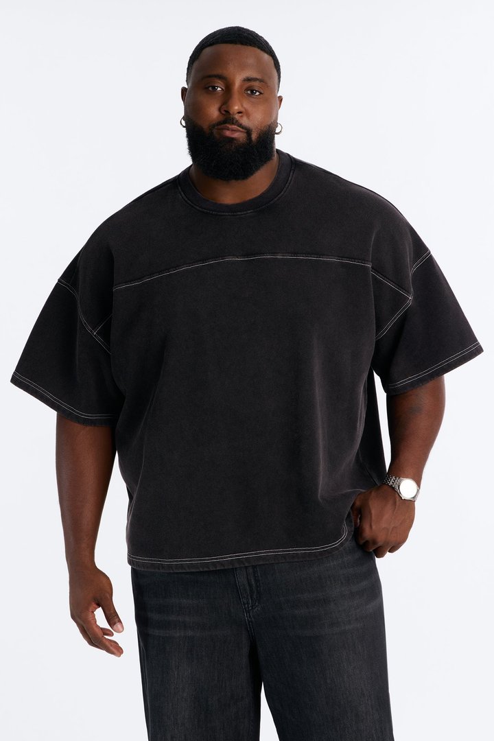 Kai Washed Contrast Stitch Oversized Fleece Tee - Black