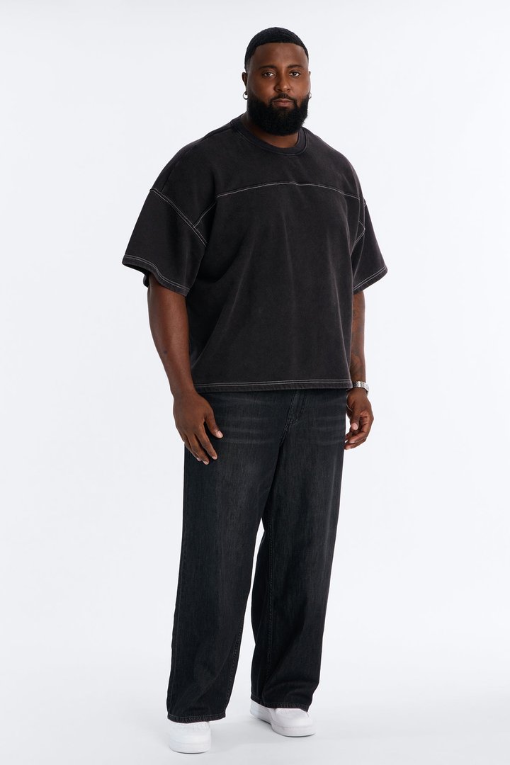 Kai Washed Contrast Stitch Oversized Fleece Tee - Black