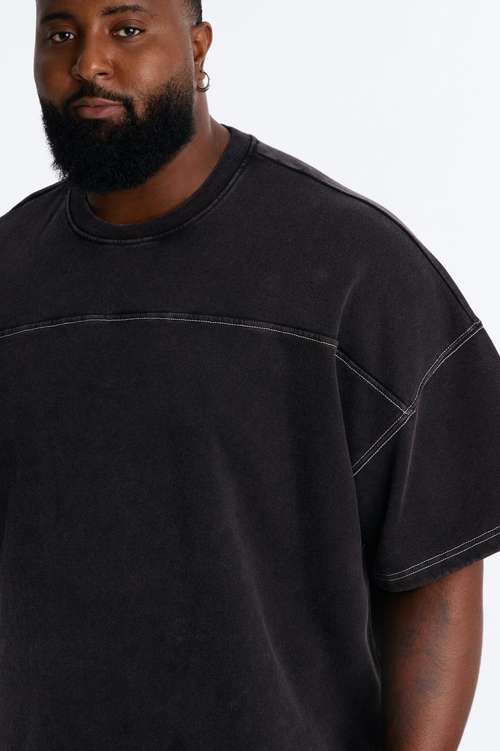 Kai Washed Contrast Stitch Oversized Fleece Tee - Black