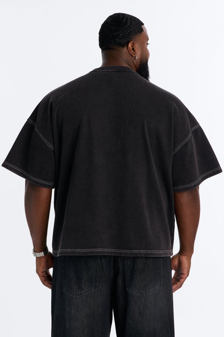 Kai Washed Contrast Stitch Oversized Fleece Tee - Black