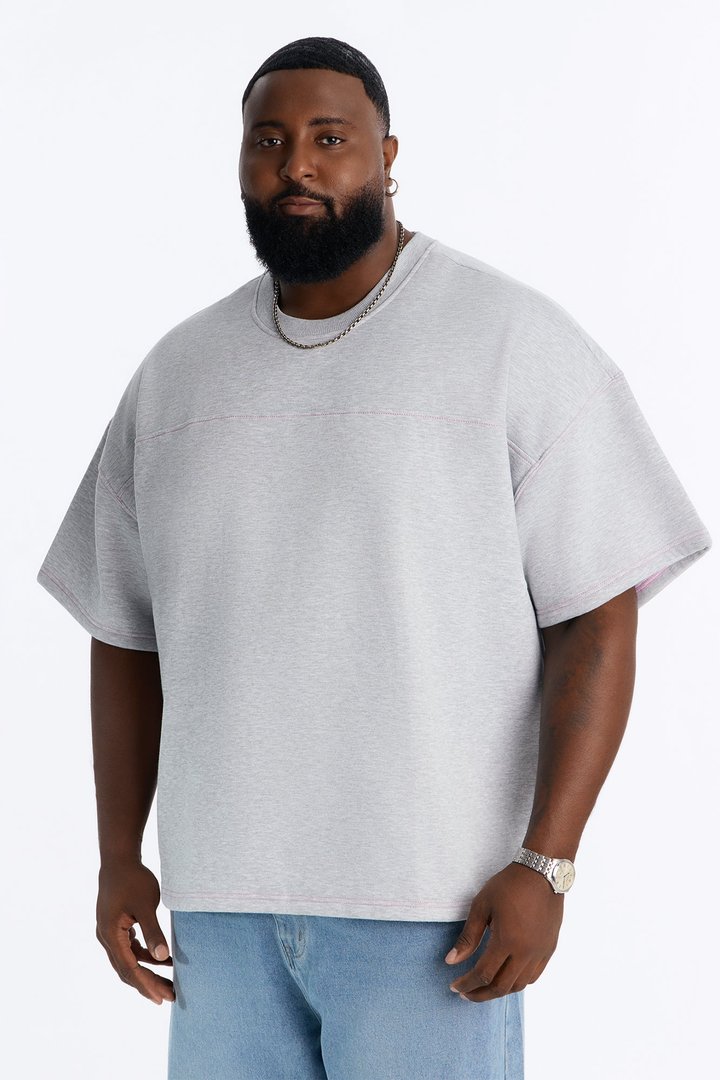 Kai Washed Contrast Stitch Oversized Fleece Tee - Heather Grey