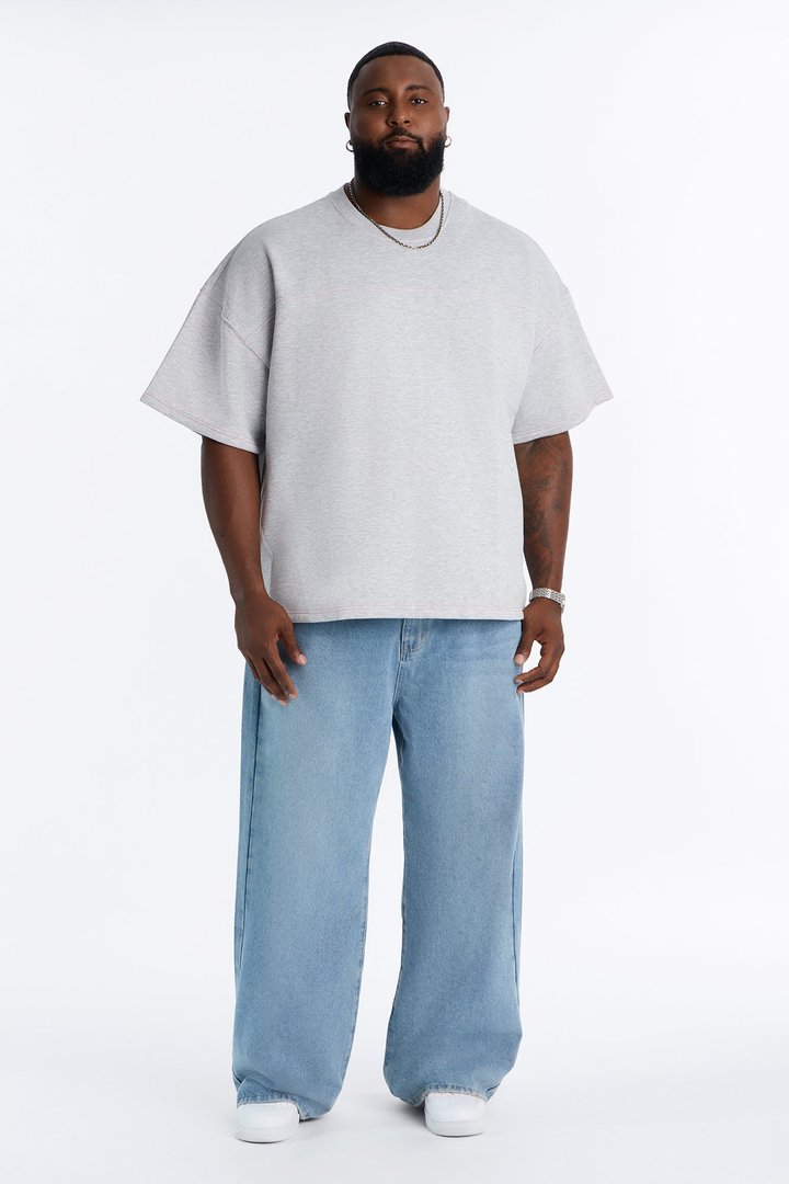 Kai Washed Contrast Stitch Oversized Fleece Tee - Heather Grey