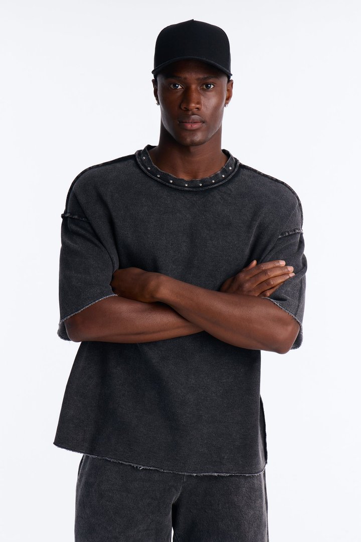 Oversized Punk Washed Raw Edge Studded Fleece Tee - Black