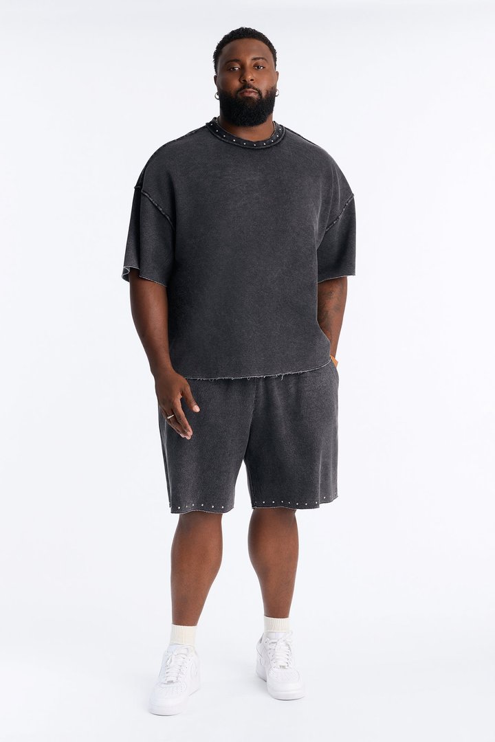 Oversized Punk Washed Raw Edge Studded Fleece Tee - Black