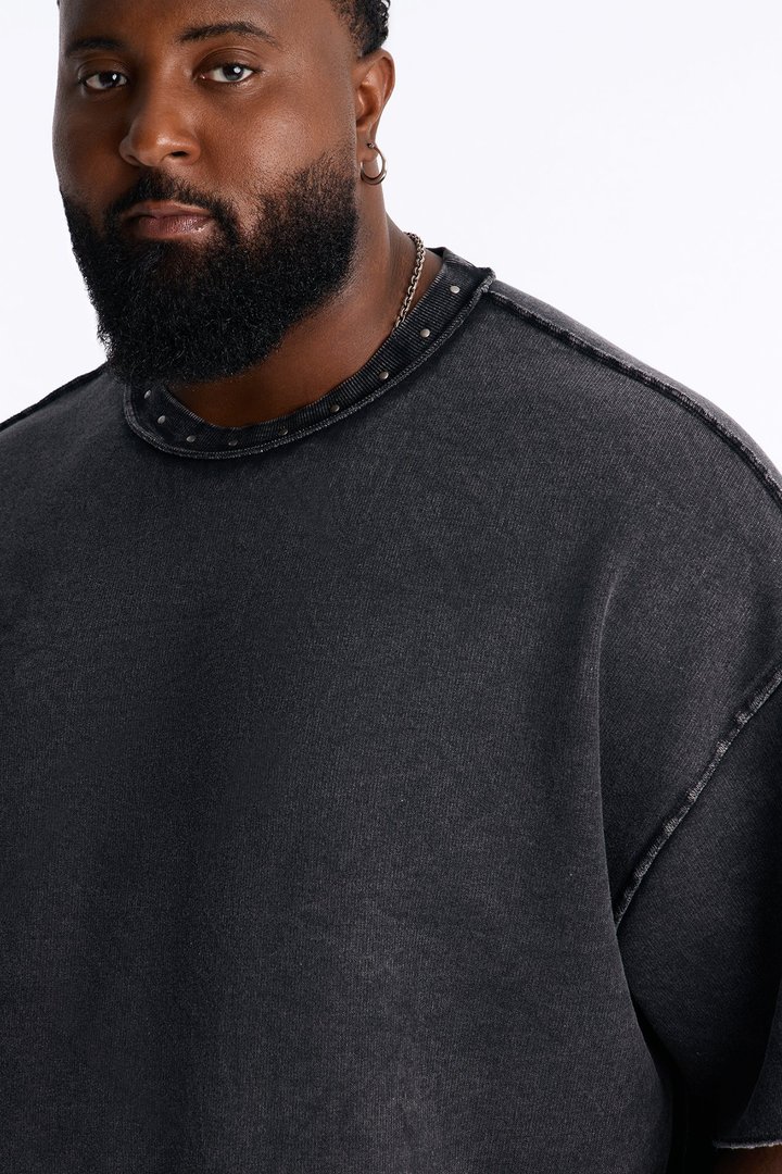 Oversized Punk Washed Raw Edge Studded Fleece Tee - Black