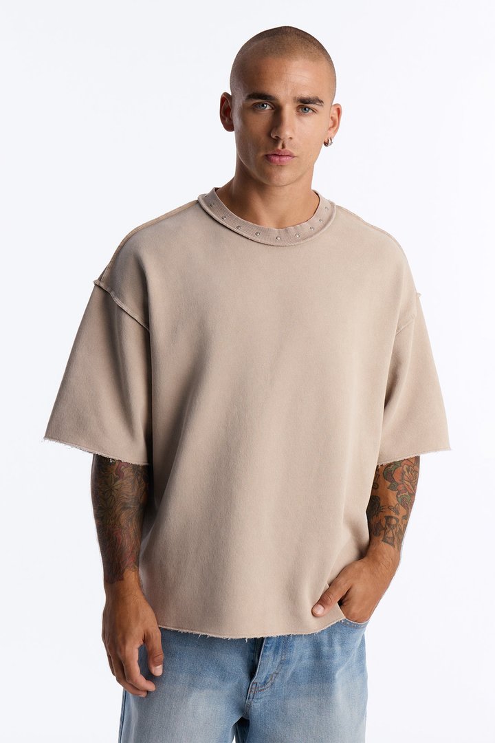 Oversized Punk Washed Raw Edge Studded Fleece Tee - Stone