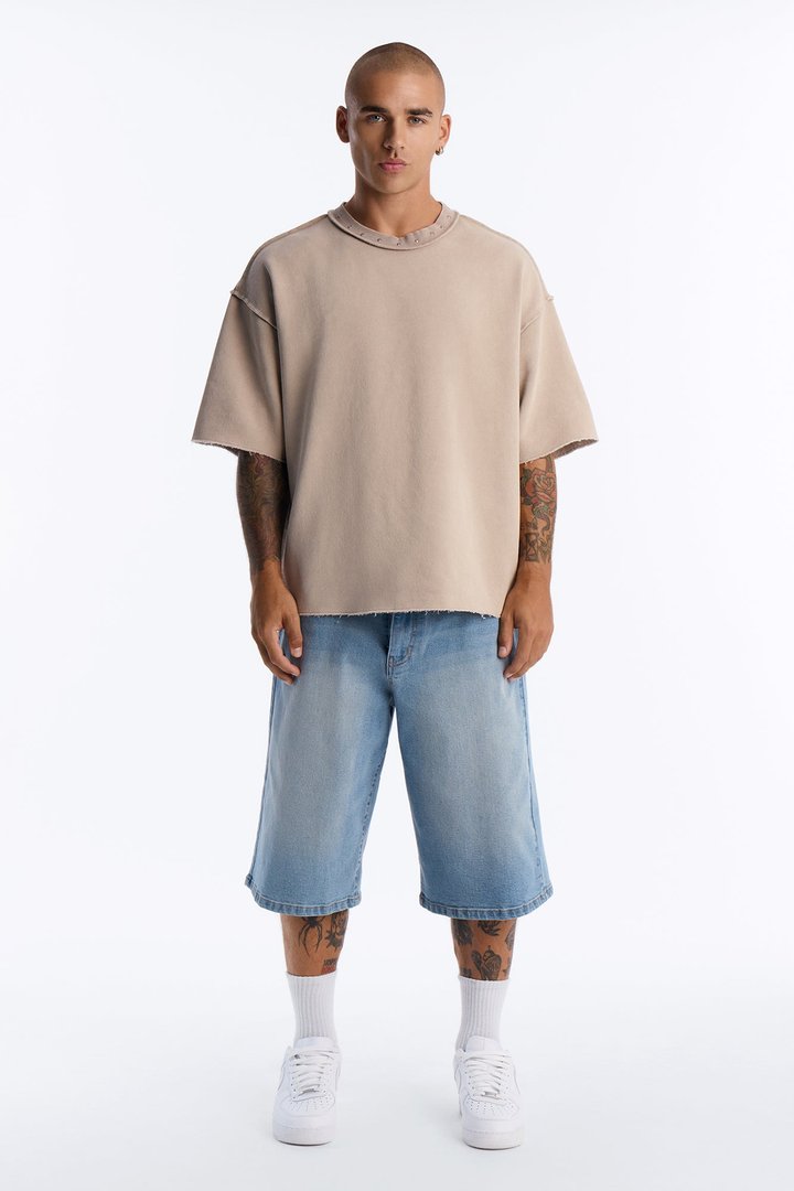 Oversized Punk Washed Raw Edge Studded Fleece Tee - Stone