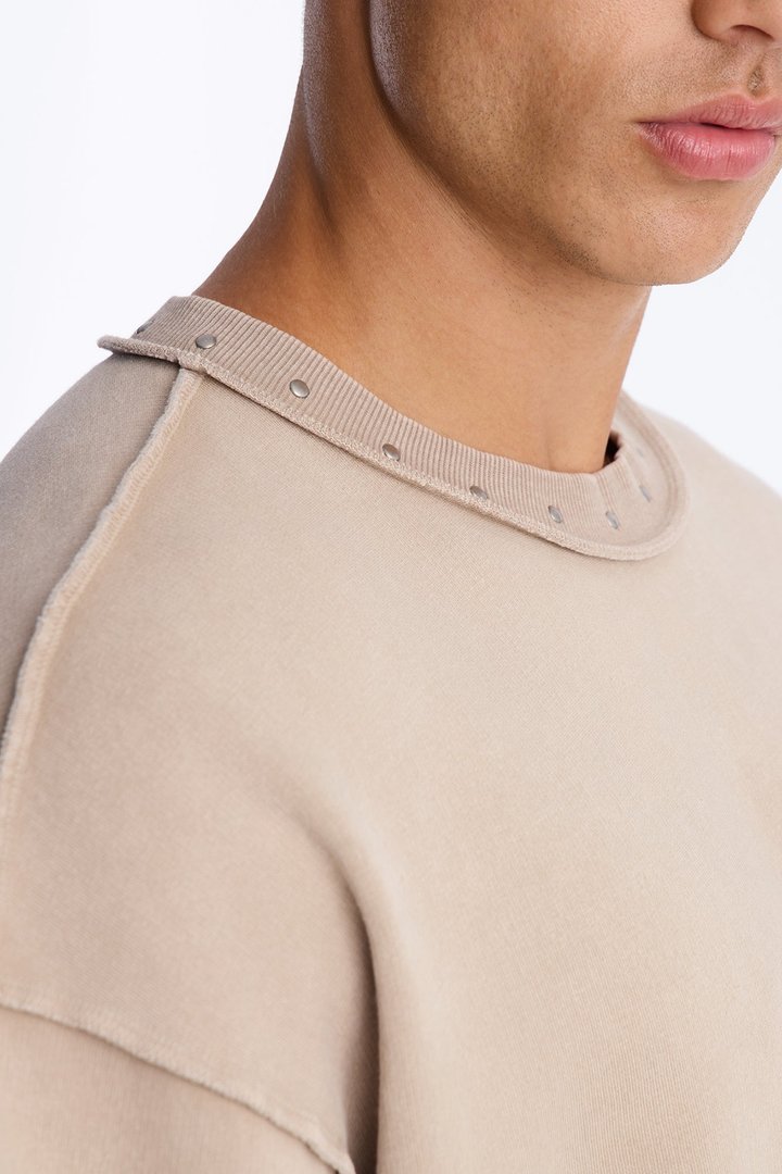 Oversized Punk Washed Raw Edge Studded Fleece Tee - Stone