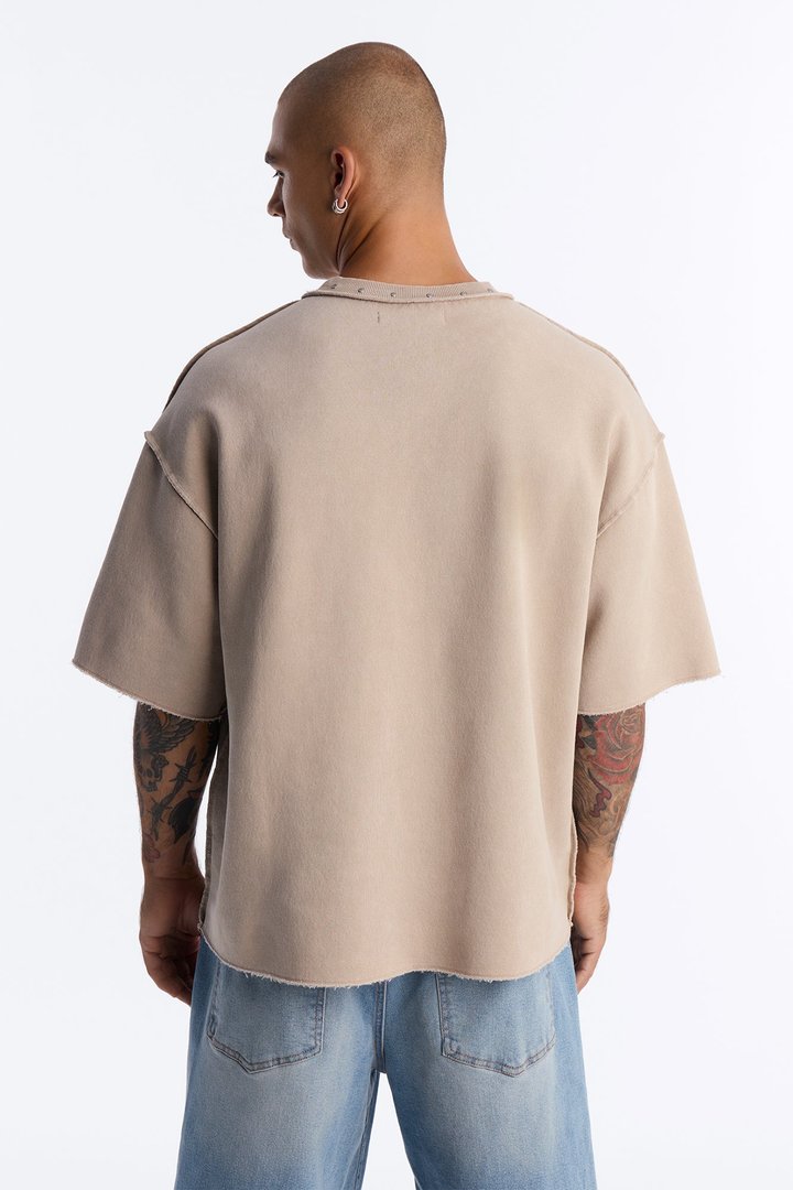 Oversized Punk Washed Raw Edge Studded Fleece Tee - Stone