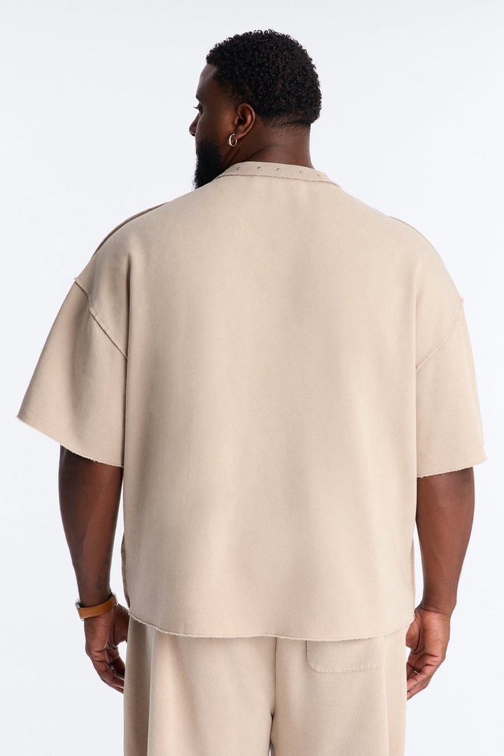 Oversized Punk Washed Raw Edge Studded Fleece Tee - Stone