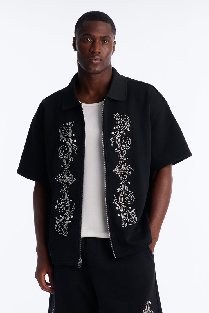 Oversized Royalty Pearl Embroidered Full Zip Polo - Black