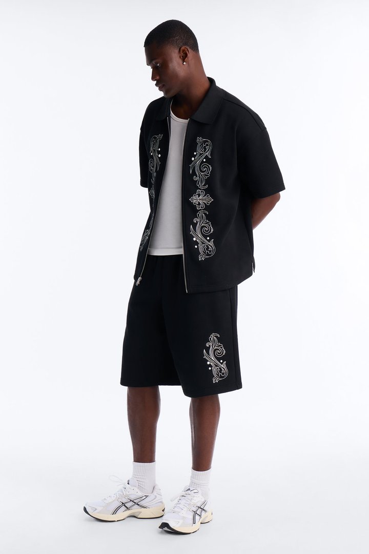 Oversized Royalty Pearl Embroidered Full Zip Polo - Black