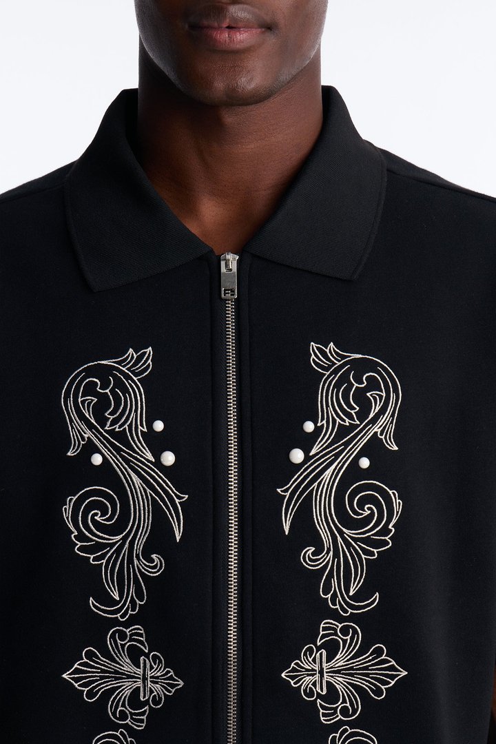 Oversized Royalty Pearl Embroidered Full Zip Polo - Black